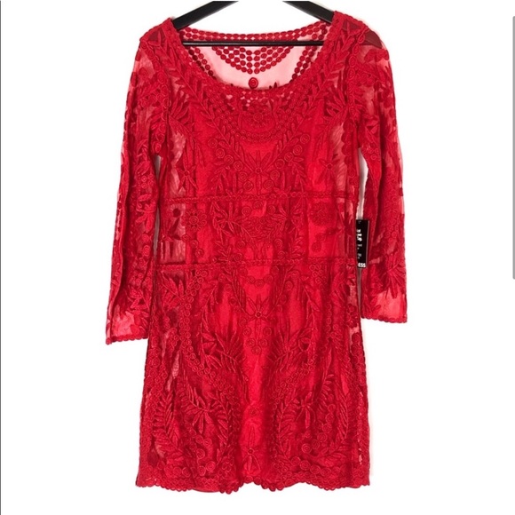 Express| NWT|Bold Red Lace Mini Dress| Long Sleeve Size XS - Picture 2 of 4